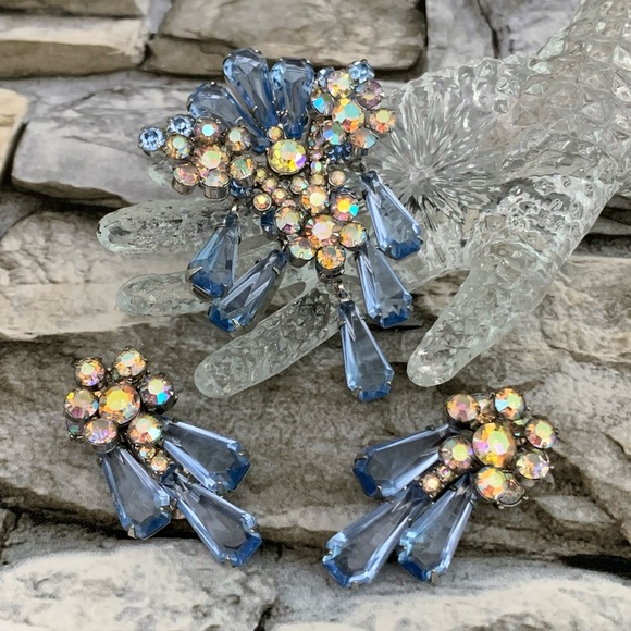 Verified Juliana D&E DeLizza Elster Floret Pentagon Rhinestones Brooch Earrings - Picture 4 of 16